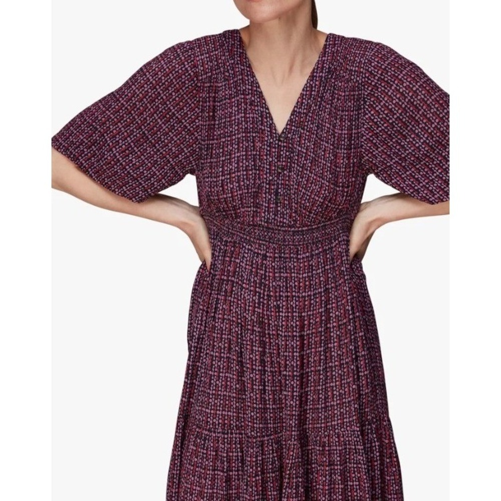 Whistles Bella Twist Dot Red Navy Geometric Print Tiered Midi Dress Size 4